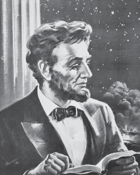 painting of Abraham Lincoln in three-quarters profile, holding a Bible